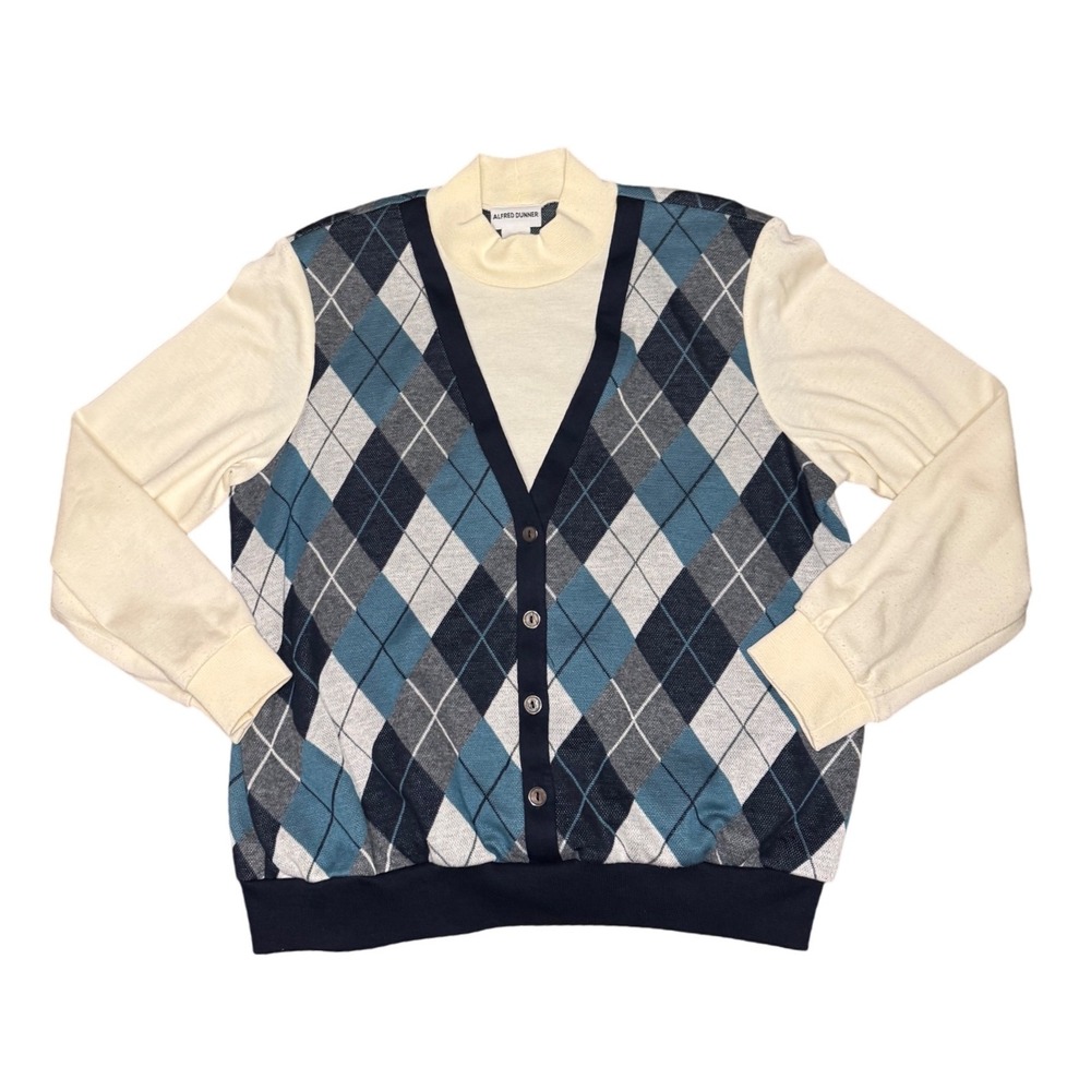 Vintage Alfred Dunner Argyle Cardigan Sweater Top Cream Blue Gray Knit‎ Large L